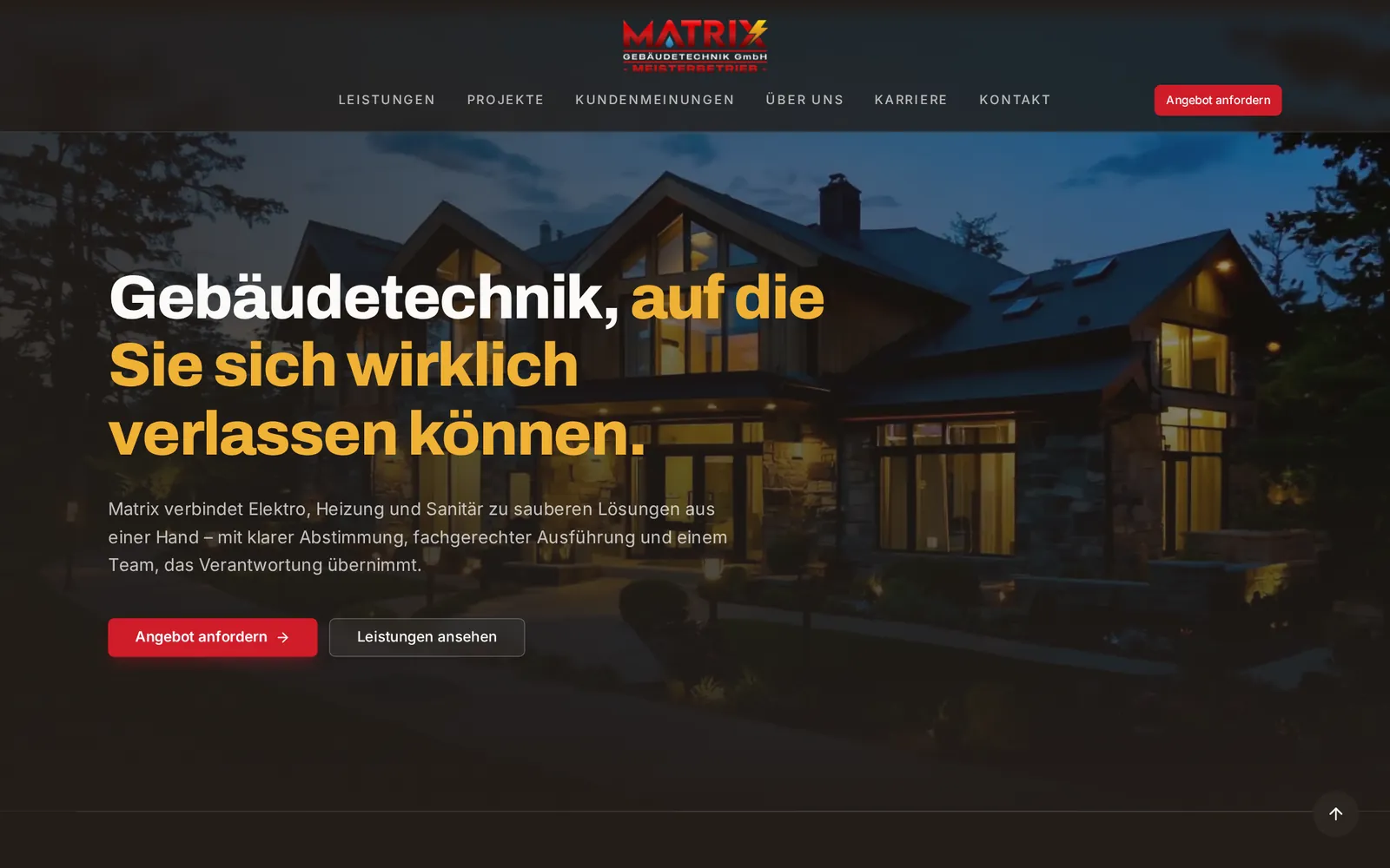 Startseite der neuen Website von Matrix Gebäudetechnik GmbH mit Leistungsübersicht und Angebotsanfrage